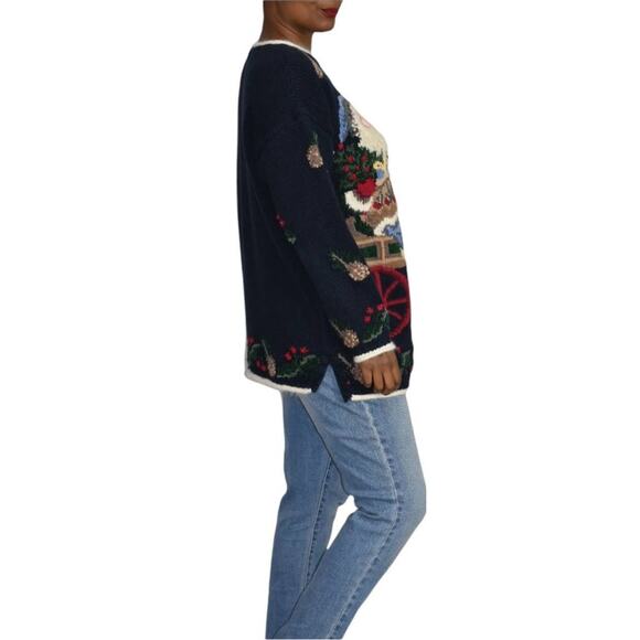 Ugly Christmas Sweater Santa Claus Vintage Northern Isles Tree Wreath Size Large - Picture 6 of 14